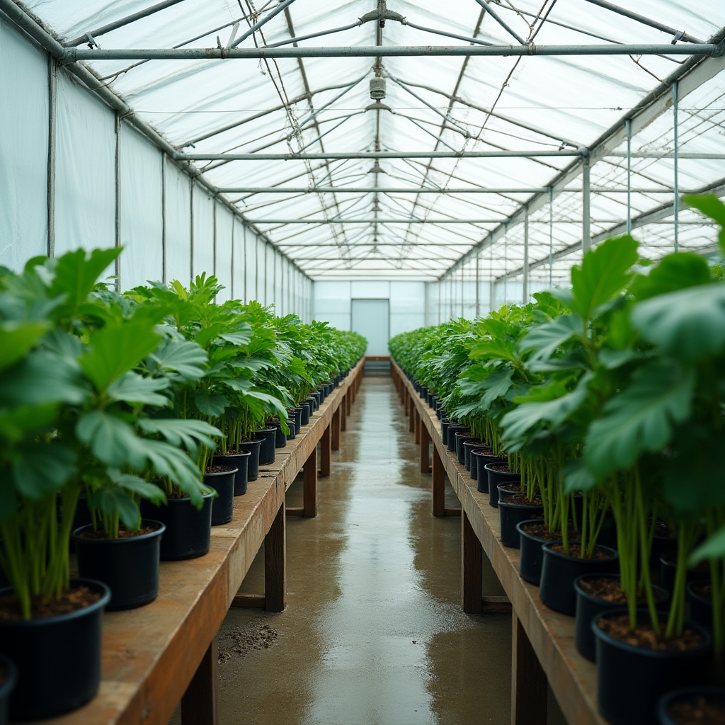 Reihen junger Monstera-Pflanzen wachsen in einem hellen Gewächshaus mit Folienabdeckung